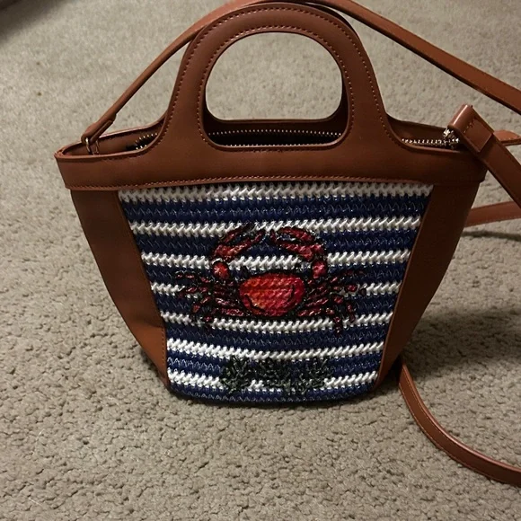 Ann Taylor Tan and Blue Striped Crossbody Bag with Crab Design - Picture 5 of 9